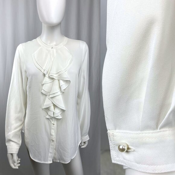 Karl Lagerfeld retro ruffle ivory white long sleeve blouse top medium - Picture 2 of 6